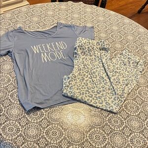 2 Piece Rae Dunn Blue Sleepwear Pajamas S/S Top and Long Pant Bottoms